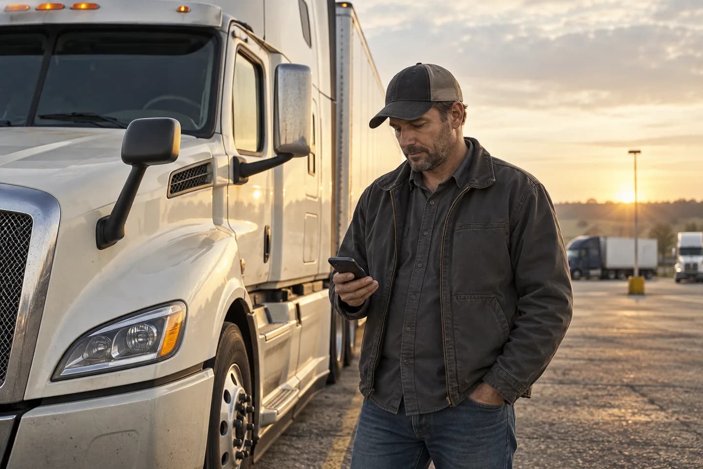 Illustrative scene of a truck driver checking an offer beside a parked semi truck