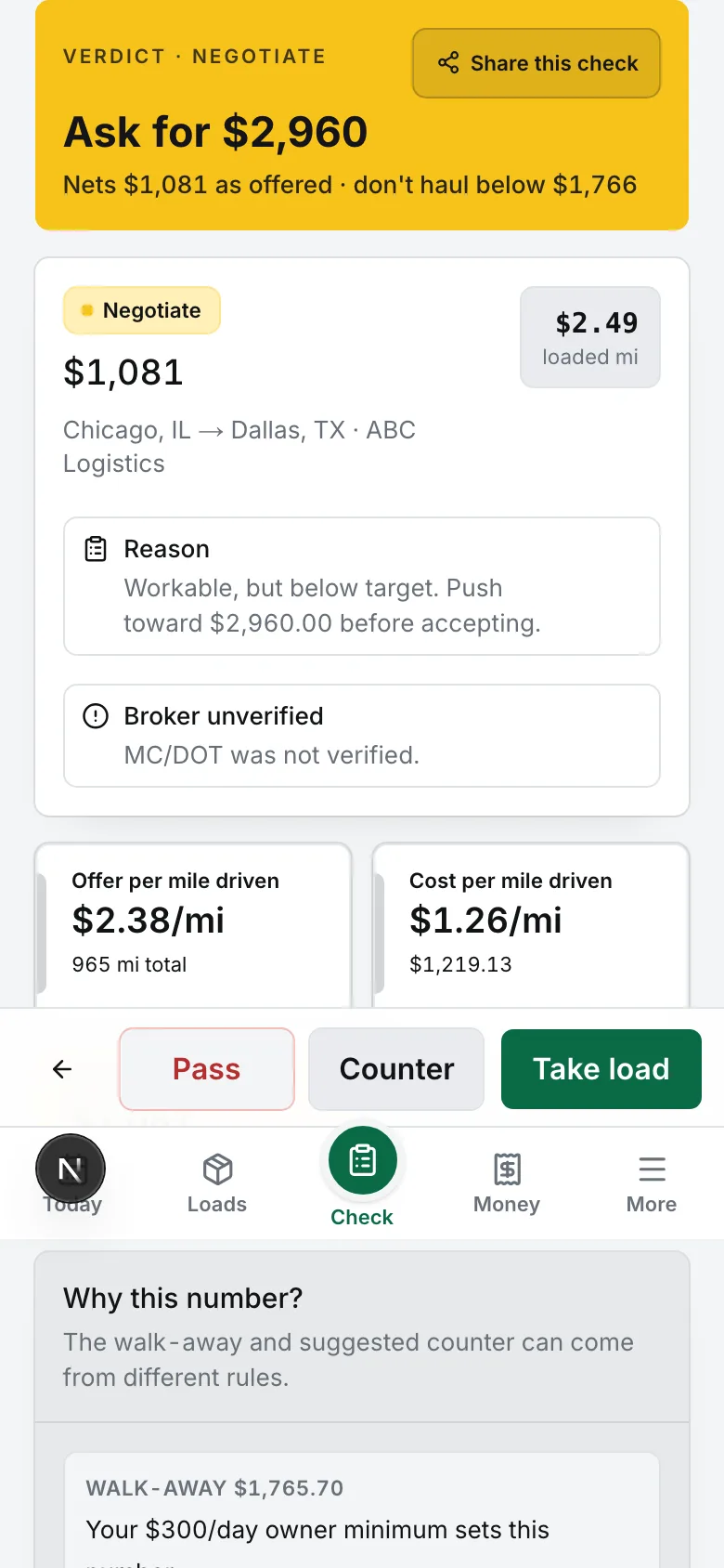 Backhaul negotiation view with the recommended ask, walk-away floor, per-mile economics, and take, counter, or pass actions